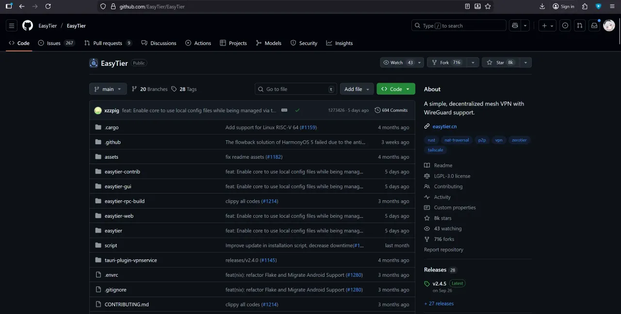 EasyTier GitHub 仓库首页与 Releases 入口
