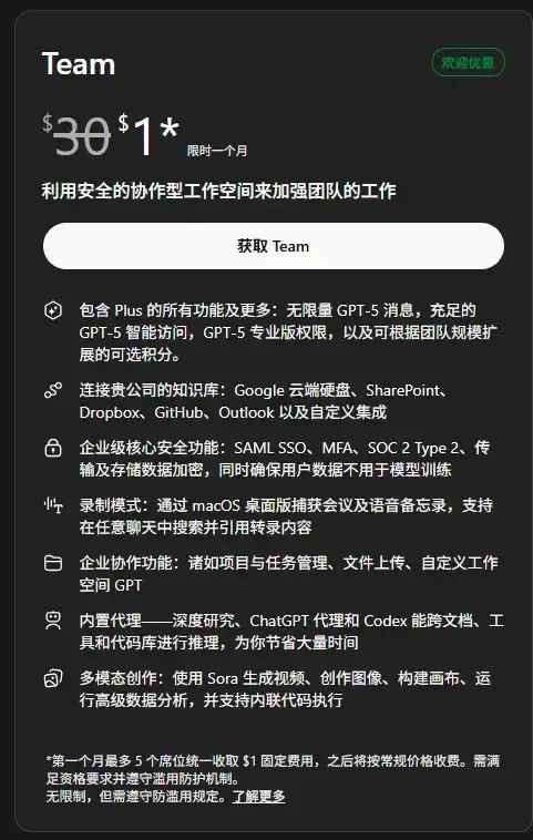 1美元购买五人 GPT teams 订阅