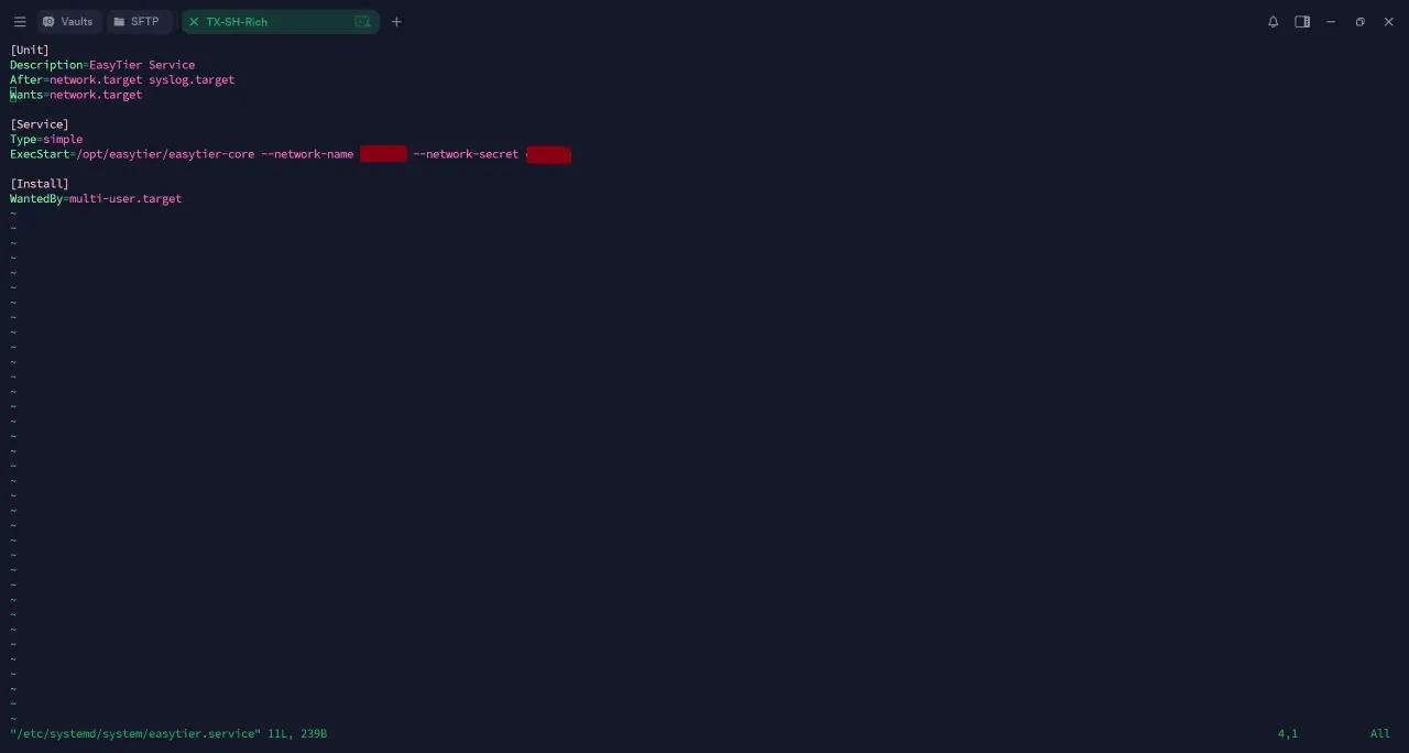 编辑 EasyTier 的 systemd 服务配置文件